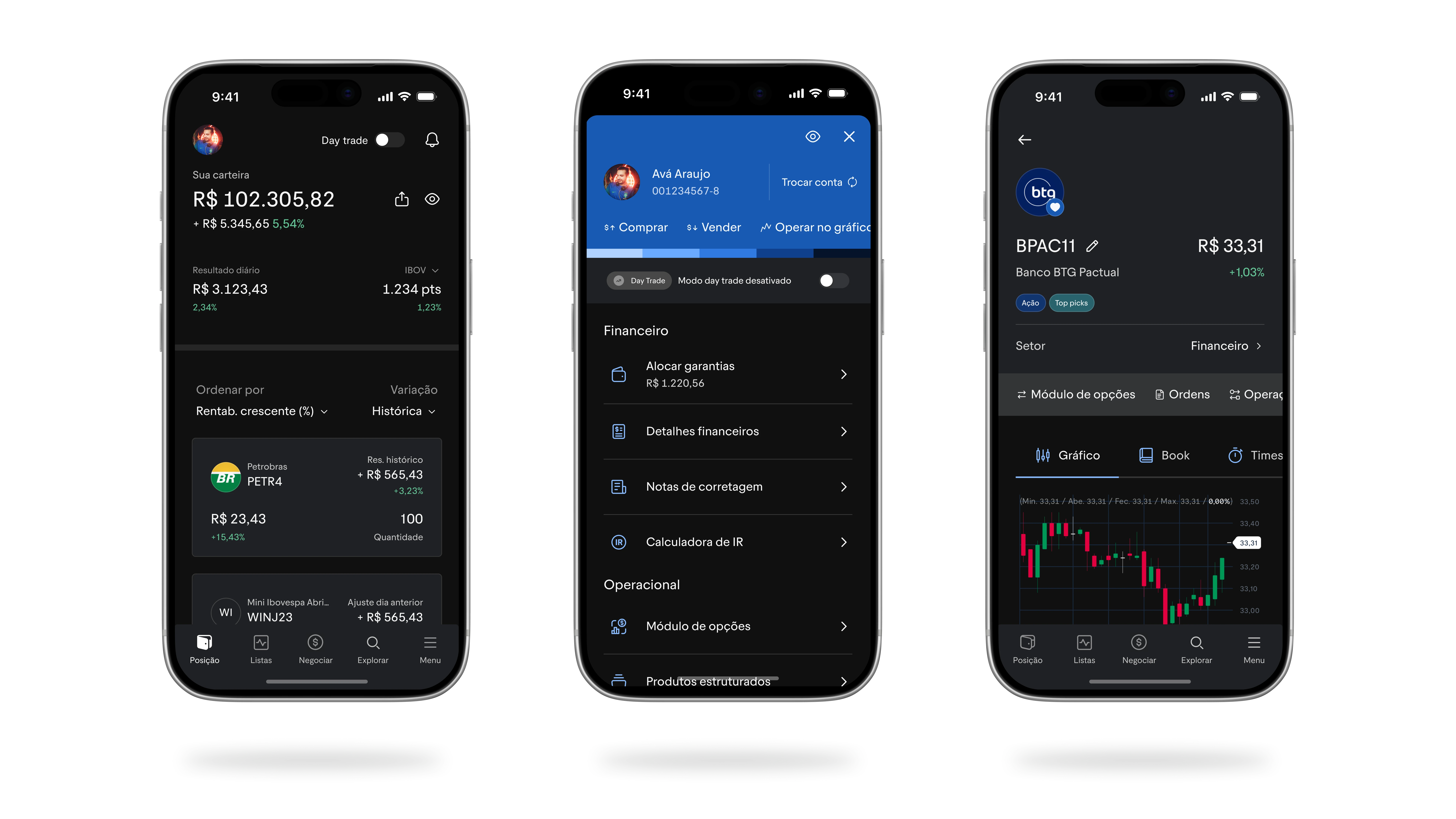 Three BTG Trader screens: the portfolio overview, the account menu with financial tools, and the BPAC11 stock page with its chart