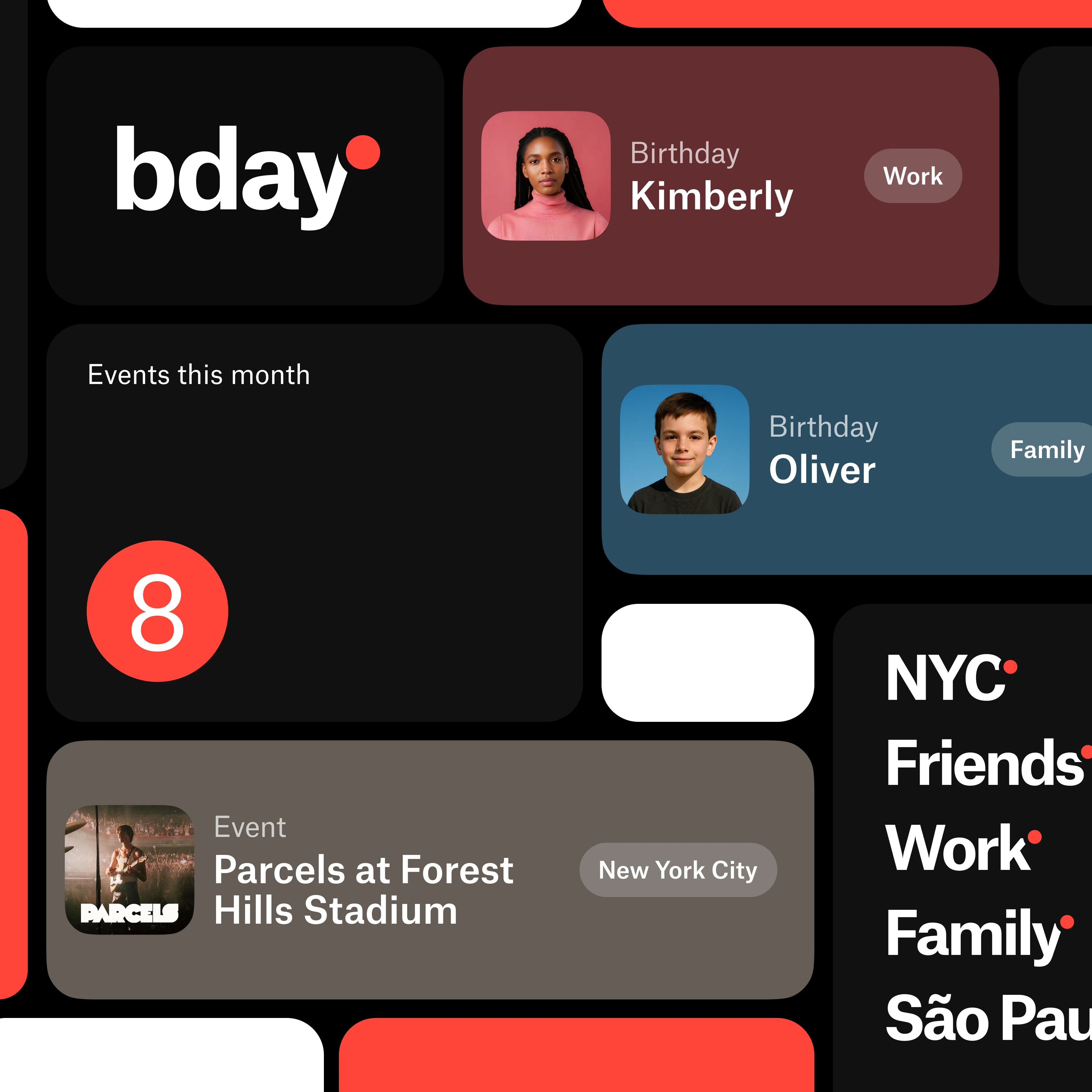 Bday brand collage: the logo, birthday and event cards, the number of events this month, and group filters like NYC, Friends, Work and Family